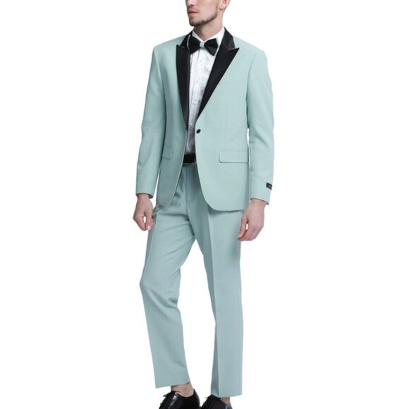 Mint Black Satin Peak Lapel Skinny Fit Men's Suit With Matching Bowtie